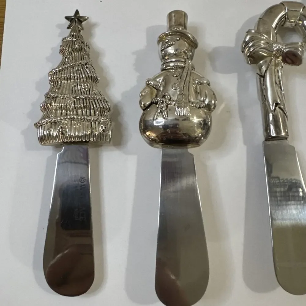 Wallace Christmas Tree Snowman Candy Cane Cheese Knife Spreader 5 Piece Set